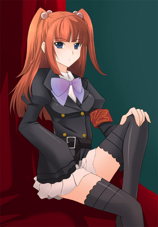 black_legwear, black_thighhighs, blue_eyes, bowtie, hair_bobbles, hair_ornament, long_hair, megumi_ryouko