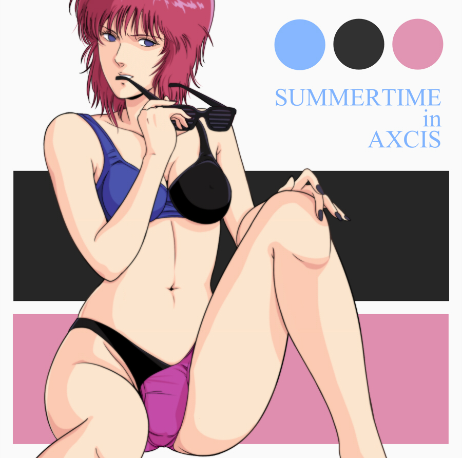 80s, alternate_costume, alternate_hairstyle, bikini, blue_eyes, breasts, cleavage, collarbone