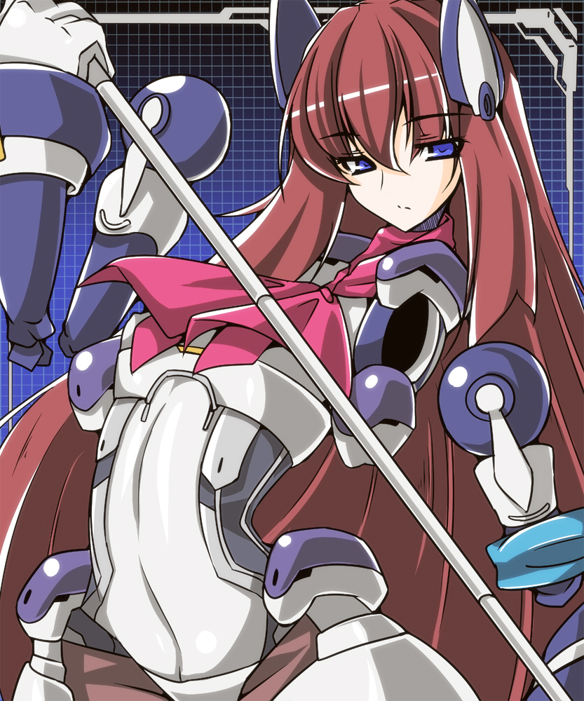 amputee, android, armor, black_legwear, blue_eyes, bodysuit, bow, brown_hair, f._walsingham, f_walsingham, female, gloves, grid, kyoukai_senjou_no_horizon, long_hair, mechanical_arm, pantyhose, puppet, red_hair, robot_joints, shoushinmono, solo, staff, very_long_hair, weapon