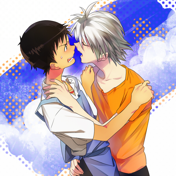 apron, brown_hair, grey_hair, hands_on_shoulders, ikari_shinji, incipient_kiss, multiple_boys, nagisa_kaworu