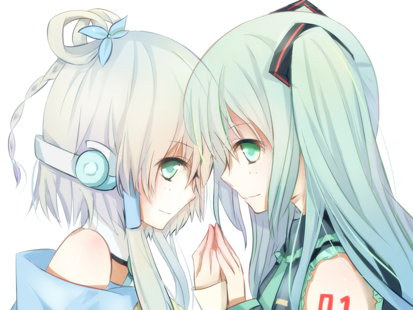 benghuai_7, forehead-to-forehead, hatsune_miku, headphones, highres, luo_tianyi, multiple_girls, simple_background