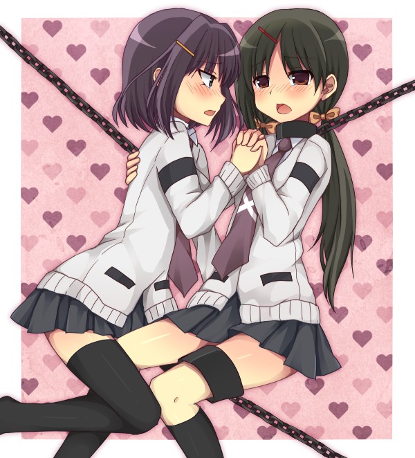 bdsm, black_legwear, blush, bondage, brown_eyes, cardigan, chain, chains, collar, green_hair, hair_ornament, hairclip, hands_clasped, holding_hands, hug, interlocked_fingers, kneehighs, kuromu_(cr0711), long_hair, long_sleeves, miniskirt, multiple_girls, necktie, open_mouth, pleated_skirt, purple_hair, saki, saki_achiga-hen, school_uniform, shirouzu_mairu, short_hair, skirt, slave, tears, thigh-highs, thighhighs, tsuruta_himeko, yuri