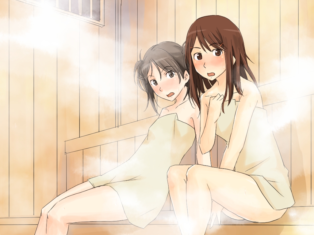 2girls, black_hair, blush, brown_eyes, brown_hair, elk115, hoshino_yuumi, kimi_kiss, kuryuu_megumi, long_hair, looking_at_viewer, naked_towel, nude, open_mouth, sauna, steam, towel, twintails