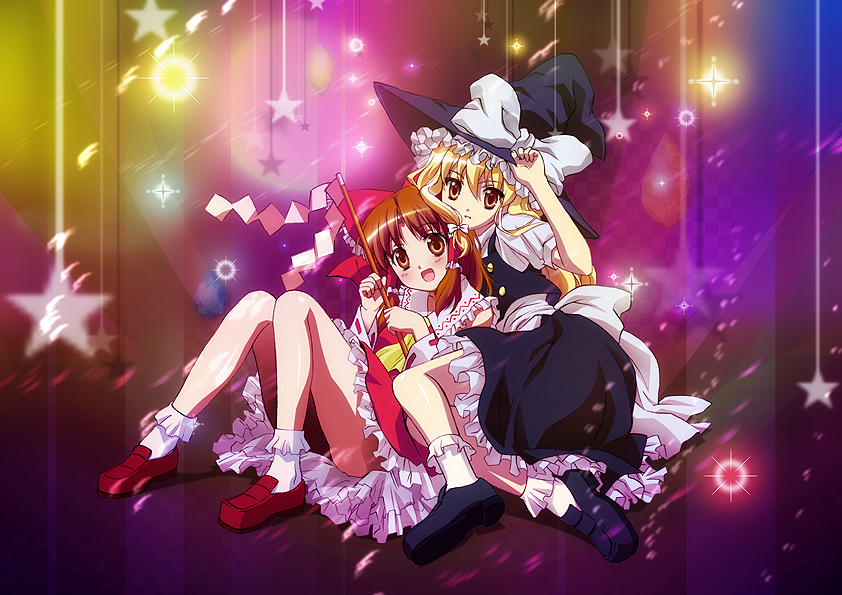 blonde_hair, bow, brown_hair, detached_sleeves, gohei, hair_bow, hakurei_reimu, hat