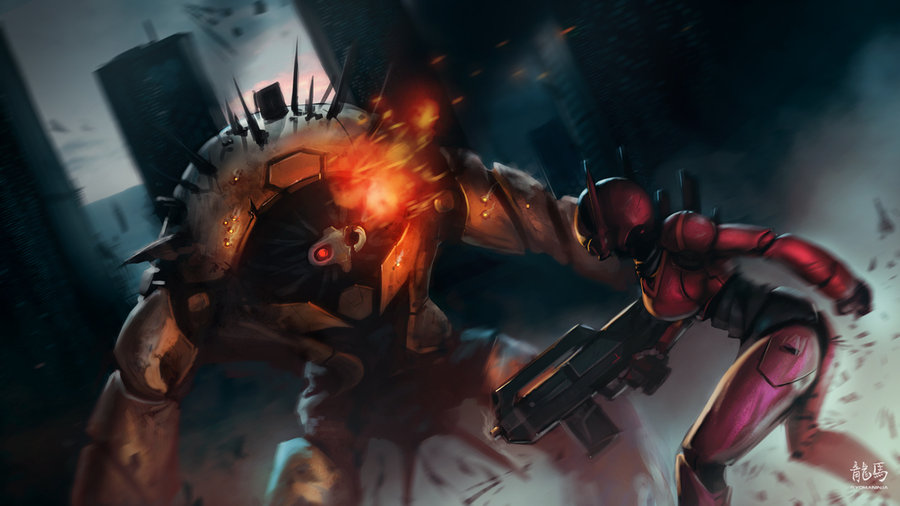 adam_tazi, bubblegum_crisis, city, damaged, fire, gun, mecha, nene_romanova