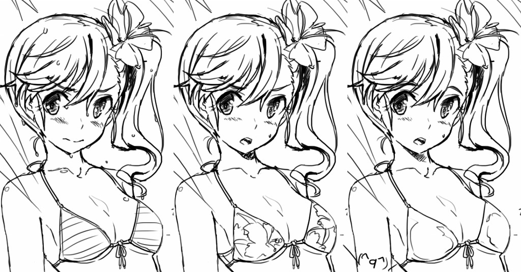 archellaura, bad_id, bikini, blush, breasts, expressions, flower, futami_mami