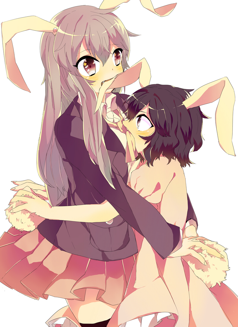 animal_ears, biting, black_hair, blush, bunny_ears, bunny_tail, ear_biting, grey_hair