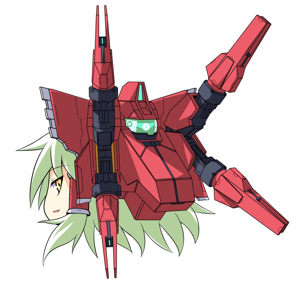 alternate_color, crossover, green_hair, gundam, gundam_00, hair_bobbles, hair_ornament, hair_tubes, hakurei_reimu, mecha_musume, mochizuki_ado, parody, reborns_cannon, smirk, solo, touhou, yellow_eyes, yukkuri_shiteitte_ne