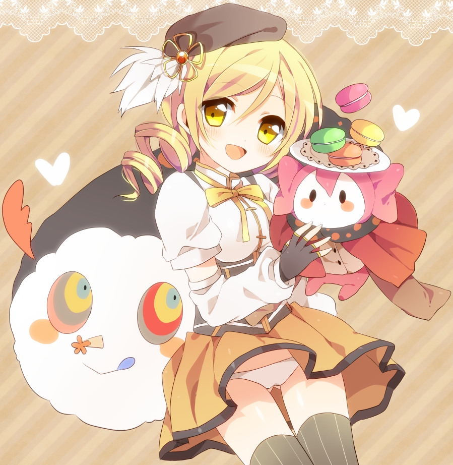 :d, :q, blonde_hair, blush, charlotte_(madoka_magica), diagonal_stripes, drill_hair, hair_ornament