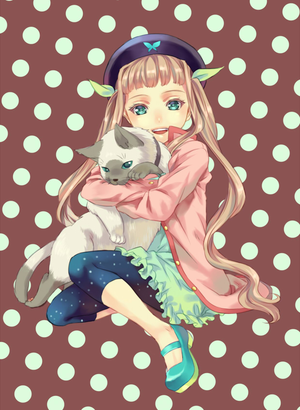 beret, brown_hair, capri_pants, cat, elle_mel_martha, frills, green_eyes, hat