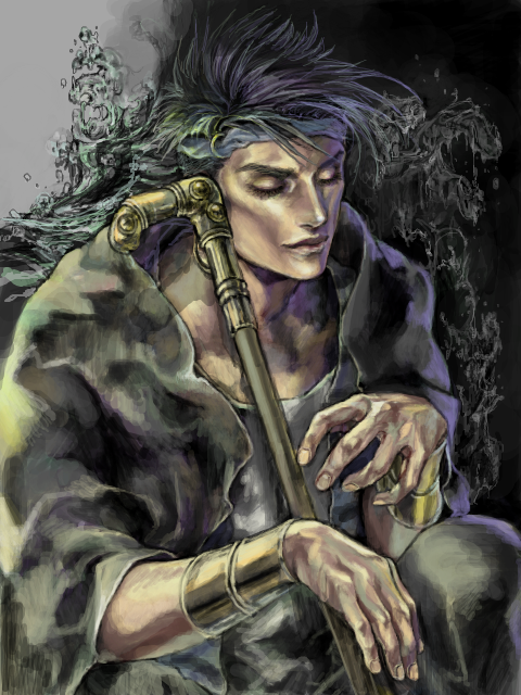 black_hair, cane, closed_eyes, eyes_closed, headband, jojo_no_kimyou_na_bouken, n'dour, n'dour