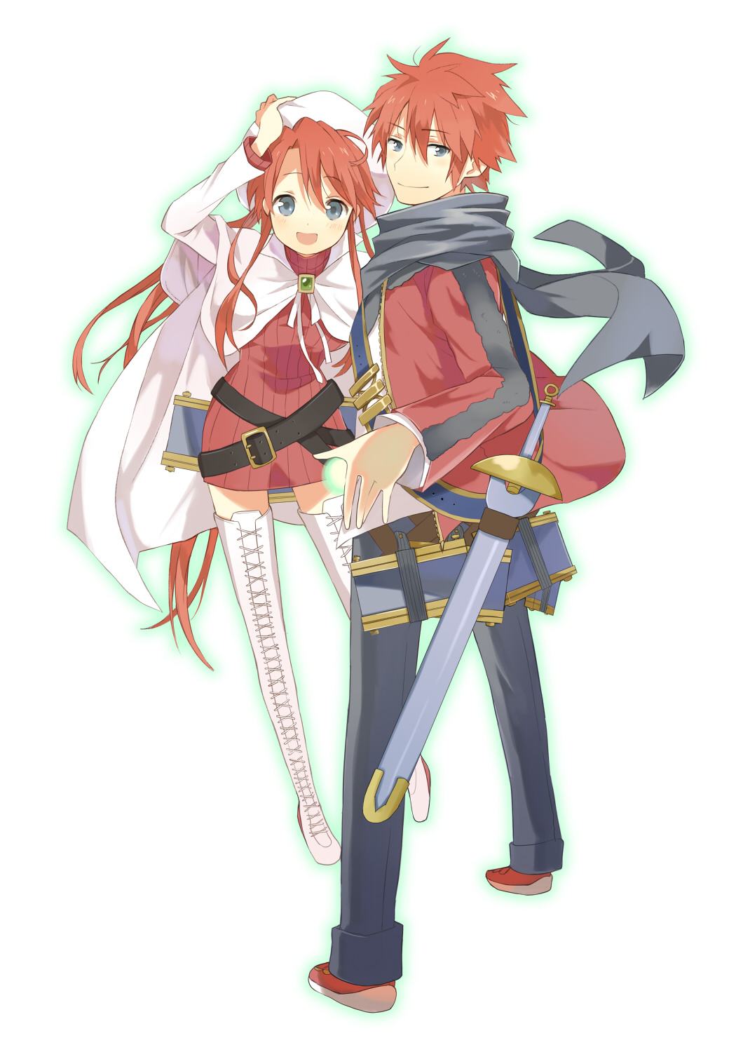 aty, beret, blue_eyes, boots, cloak, hat, highres, kitsuta