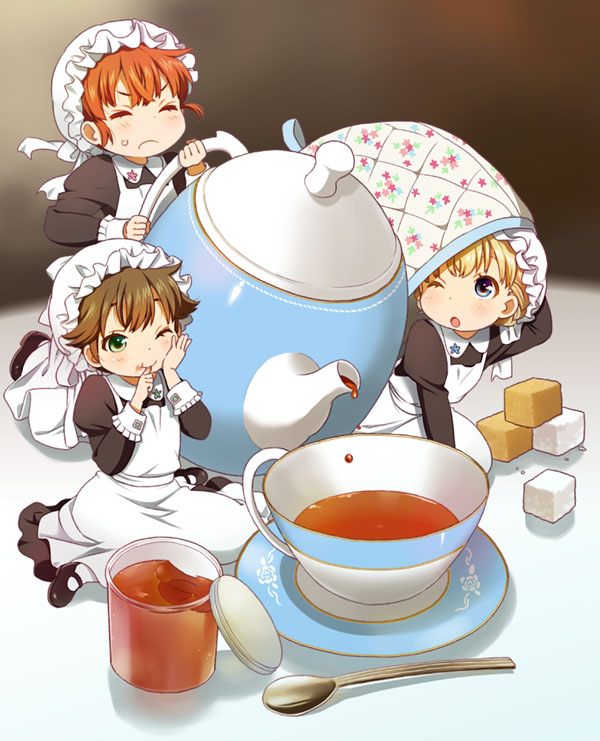 >:(, :t, ;), ;o, blonde_hair, brown_hair, closed_eyes, cup, dripping, eyes_closed, female, food, food_on_face, hand_on_own_cheek, hat, maid, maid_cap, mary_janes, mattaku_mosuke, minigirl, multiple_girls, original, pantyhose, red_hair, redhead, saucer, shoes, short_hair, spoon, sugar_cube, sweat, tea, tea_fairy, teacup, teapot, white_legwear, wink