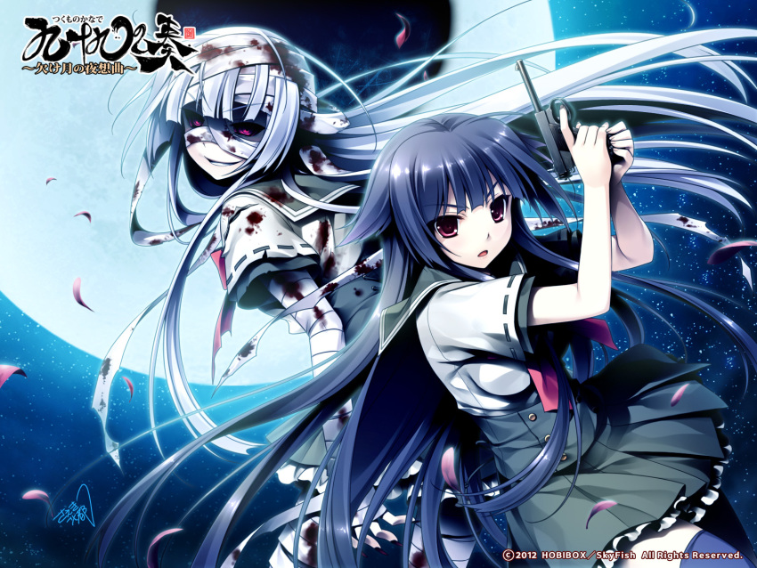 bandage, blood, fusehime, fusehime_(tsukumo_no_kanade), jpeg_artifacts, long_hair, moon, petals