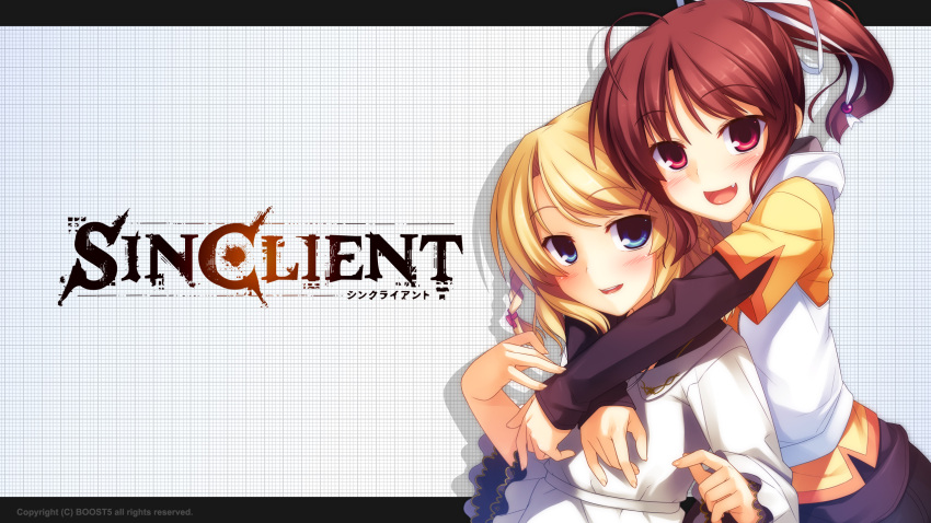 2girls, blonde_hair, brown_hair, ponytail, reesaa, sinclient, wallpaper, yanasa_mai