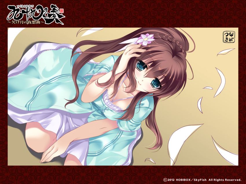 brown_hair, dress, jpeg_artifacts, long_hair, petals, skyfish, tsukumo_no_kanade, wallpaper