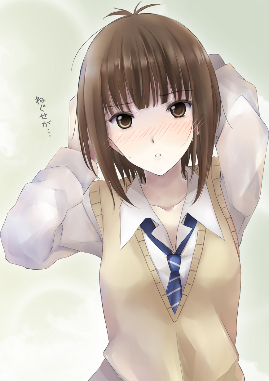 1girl, blush, brown_eyes, brown_hair, hands_on_head, open_mouth, seifuku, shichouson