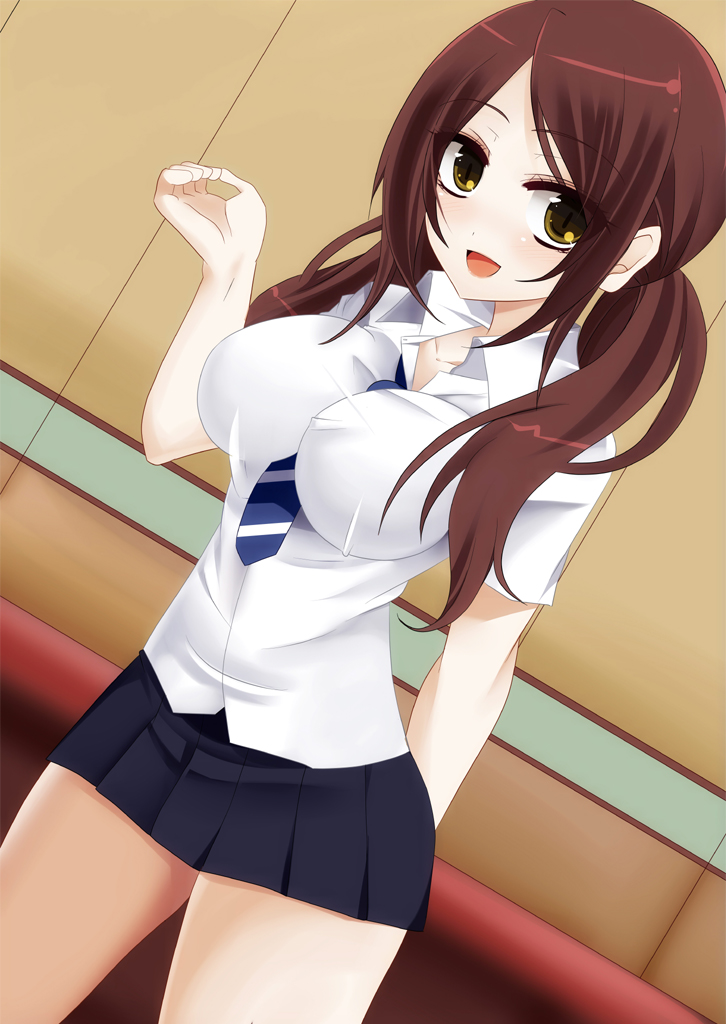 1girl, arm_behind_back, arm_up, blush, brown_eyes, brown_hair, happy, large_breasts, long_hair, oikawa_asami, open_mouth, pixiv_id_4463, seifuku, solo, sukitte_ii_na_yo, twintails