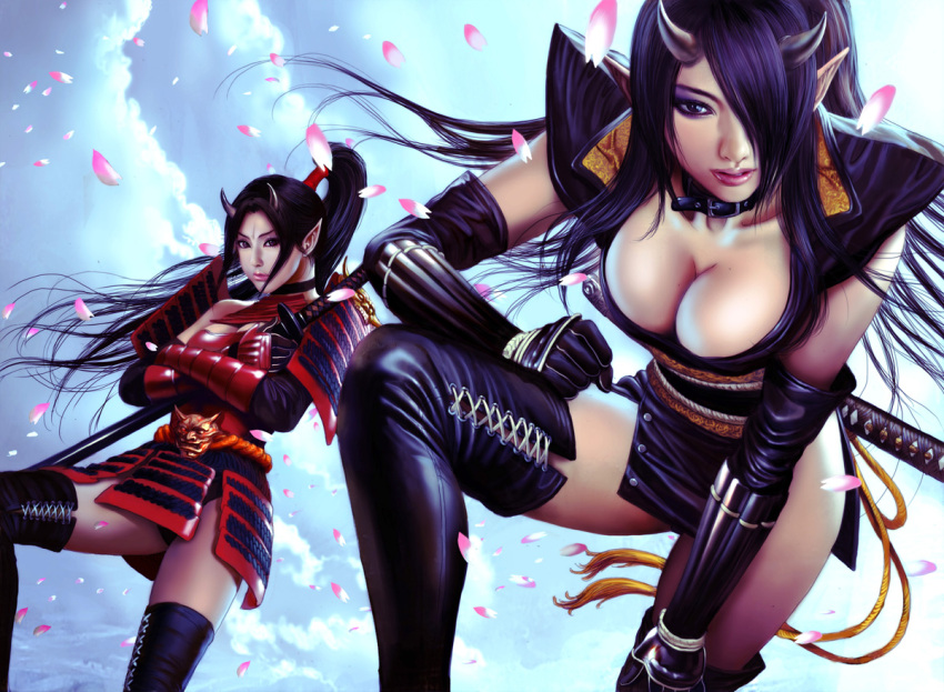 2girls, armor, azazel1944, breasts, cleavage, copyright_request, down_blouse, hair_over_one_eye
