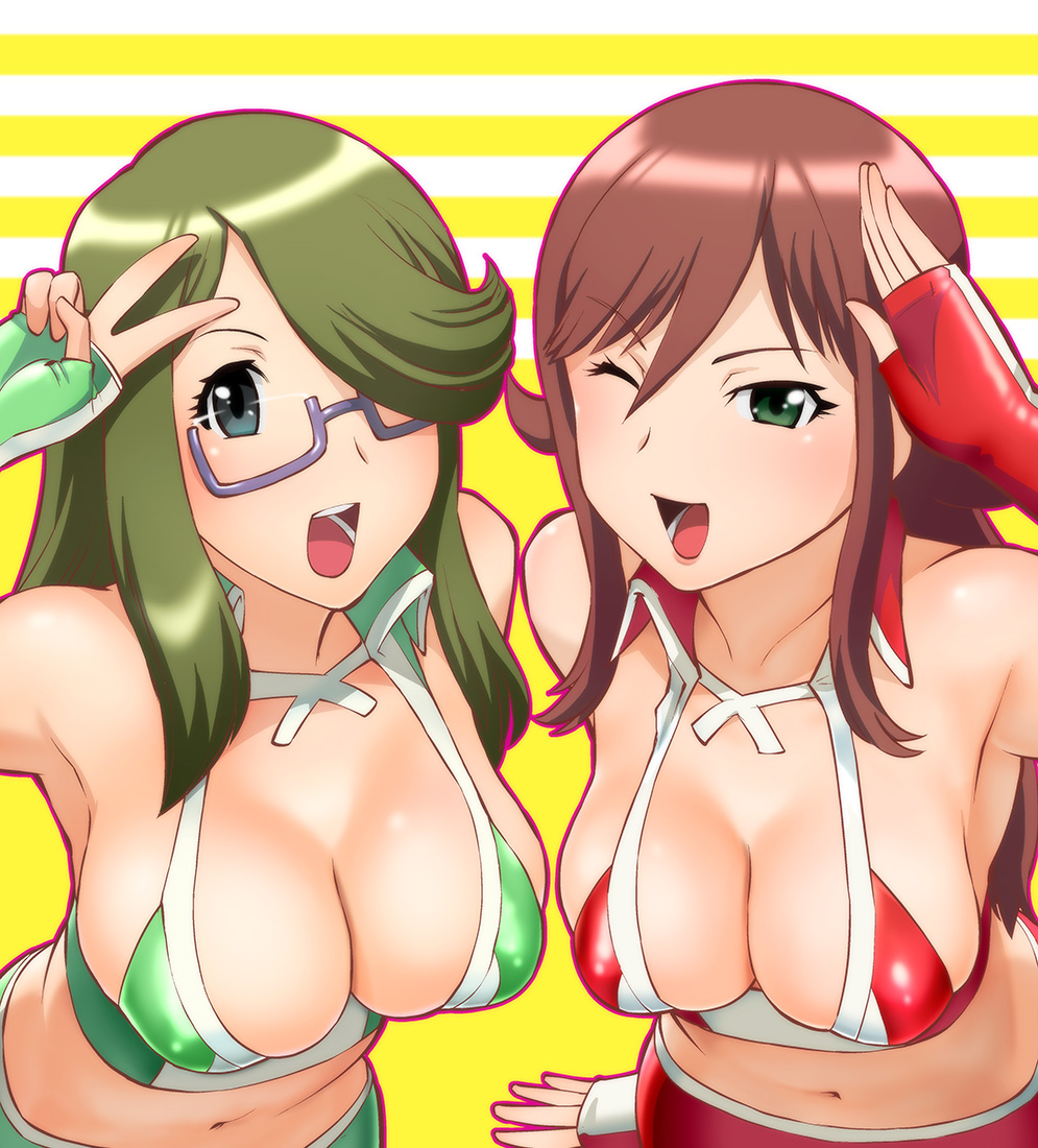 :d, ;d, akana_rui, black-framed_glasses, blush, breasts, brown_hair, character_request