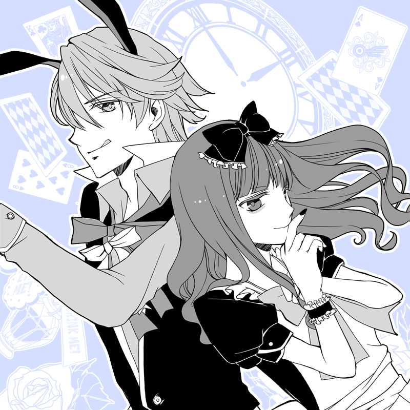 1girl, ace, alice_(wonderland), alice_(wonderland)_(cosplay), alice_in_wonderland, animal_ears, ark41500, bow