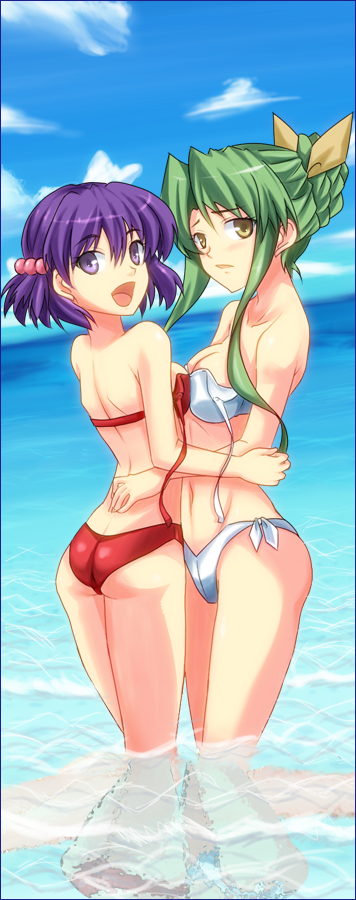 ass, back, beach, bikini, breasts, chuu_(rinet), cloud, clouds, green_hair, hair_bobbles, hair_ornament, hair_ribbon, long_hair, multiple_girls, open_mouth, ponytail, purple_eyes, purple_hair, ribbon, sakurai_chisato, short_hair, sky, smile, swimsuit, very_long_hair, violet_eyes, water, wrestle_angels, wrestle_angels_survivor, wrestle_angels_survivor_2, yellow_eyes, yuuki_chigusa