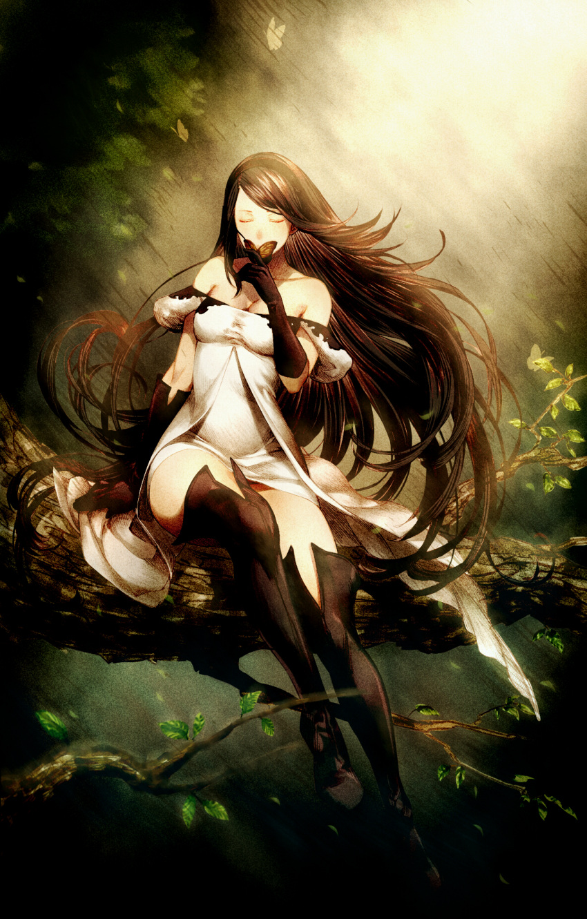 agnes_oblige, bare_shoulders, black_gloves, black_hair, black_legwear, boots, branch, bravely_default:_flying_fairy