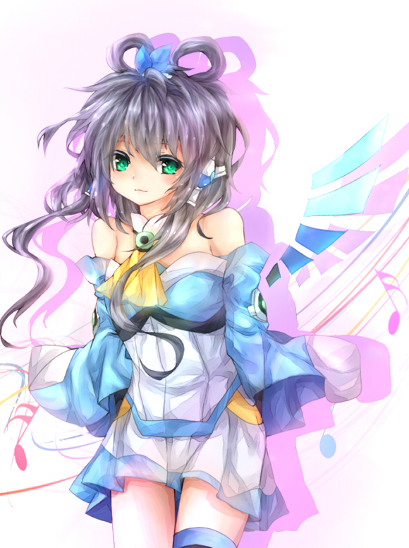 green_eyes, luo_tianyi, musical_note, simple_background, solo, thigh-highs, thighhighs, vocaloid