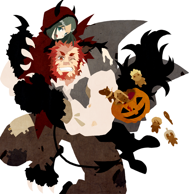 beard, black_hair, claws, cookie, costume, demon_horns, demon_tail, devil, devil_horns, facial_hair, fate/zero, fate_(series), food, green_eyes, halloween, hood, horns, ionioi_hetairoi, ionioi_hetairou, jack-o'-lantern, jack-o'-lantern, kuroihato, multiple_boys, pumpkin, red_eyes, red_hair, redhead, rider_(fate/zero), tail, waver_velvet, werewolf, wink