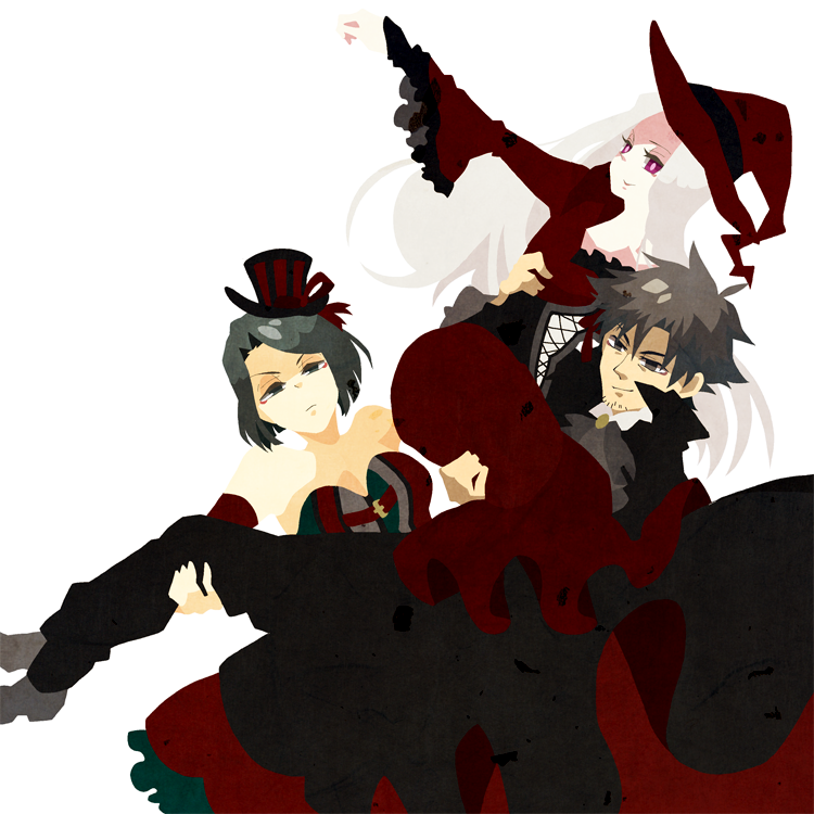 2girls, black_eyes, black_hair, bob_cut, carrying, corset, costume, cravat