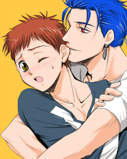 bad_id, biting, blue_hair, blush, ear_biting, earrings, emiya_shirou, fate/stay_night