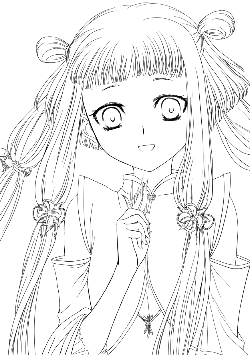 code_geass, highres, kuon_yuu, lineart, long_hair, looking_at_viewer, monochrome, smile
