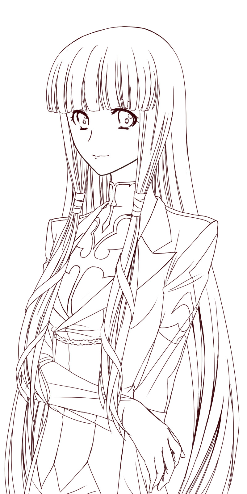 code_geass, highres, kuon_yuu, lineart, long_hair, looking_at_viewer, monica_kruszewski, monochrome