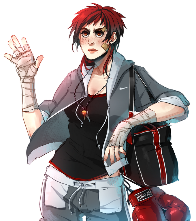 arm_wrap, ayane_ninja, bag, bandage, bandages, bandaid, boxing_gloves, casual, dead_or_alive, dead_or_alive_5, duffel_bag, freckles, jewelry, key, mila_(dead_or_alive), mila_(doa), necklace, nike, open_hoodie, red_eyes, red_hair, redhead, short_hair, shorts, sleeves_rolled_up, solo, tank_top, waving