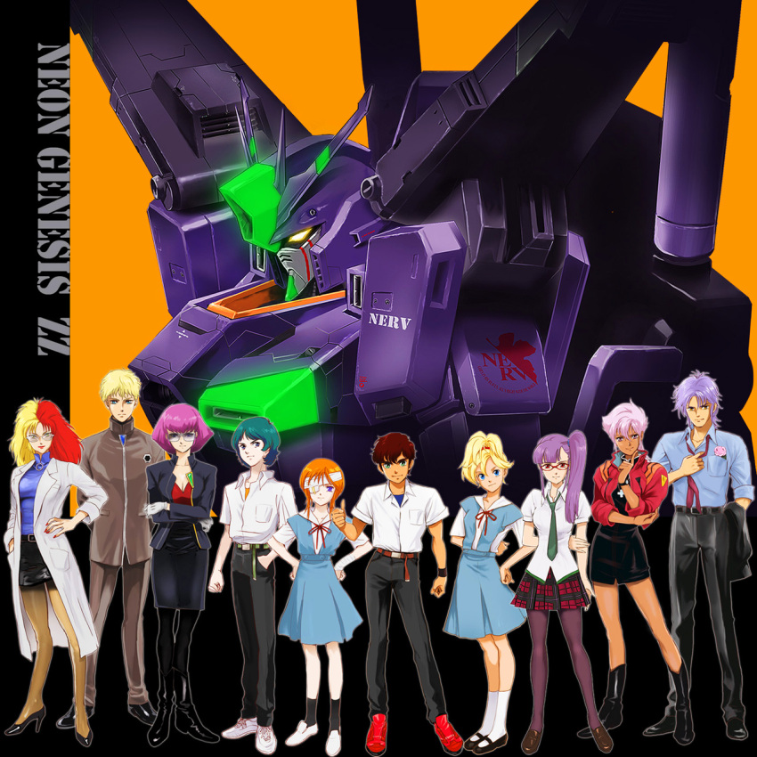 6+girls, 80s, 90s, akagi_ritsuko, akagi_ritsuko_(cosplay), alternate_color, aqua_hair, ayanami_rei