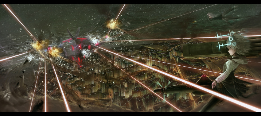 aircraft, animal_ears, battle, black_legwear, building, cat_ears, city, cityscape