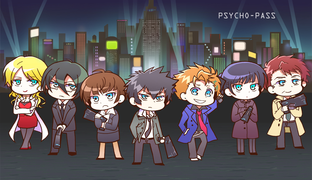 4boys, cityscape, dominator_(gun), formal, ginoza_nobuchika, gun, handgun, kagari_shuusei, karanomori_shion, karanomouri_shion, kougami_shin'ya, kougami_shinya, kunizuka_yayoi, masaoka_tomomi, multiple_boys, multiple_girls, necktie, pantyhose, psycho-pass, suit, tsunemori_akane, weapon