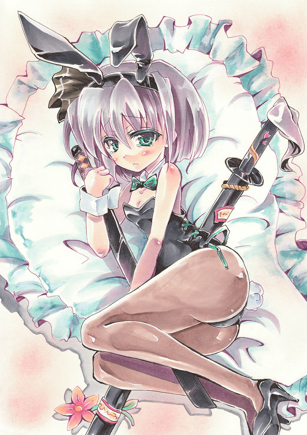 animal_ears, bowtie, bunny_ears, bunny_tail, bunnysuit, detached_collar, fake_animal_ears, green_eyes