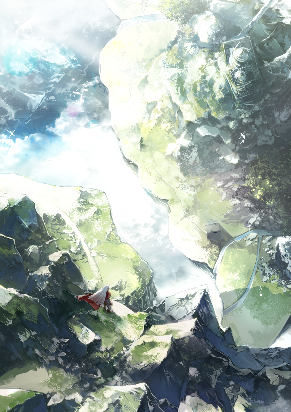 bird, chrono_trigger, floating_island, from_above, gloves, grey_hair, highres, hill