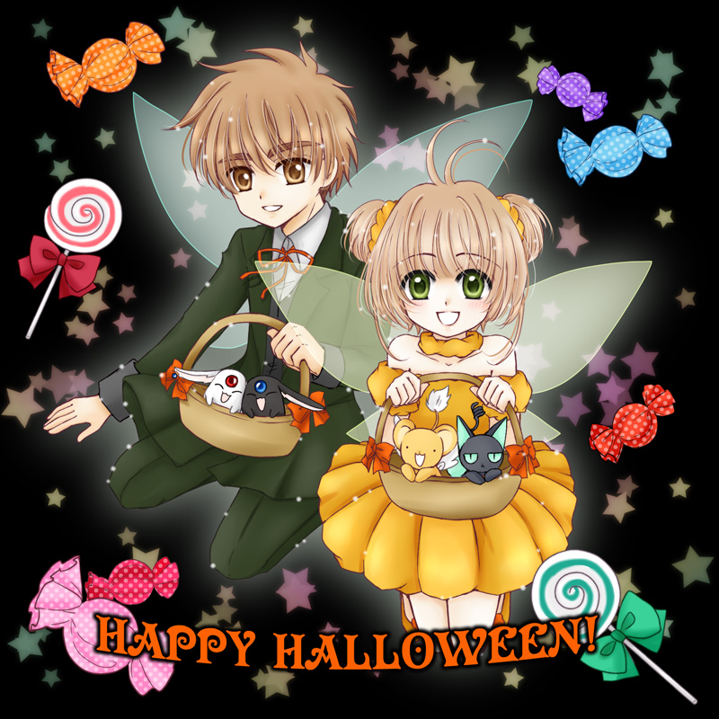 1girl, black_mokona, brown_eyes, brown_hair, candy, card_captor_sakura, cardcaptor_sakura, clamp, couple, creator_connection, crossover, dress, fairy_wings, formal, green_eyes, halloween, happy_halloween, kanaoto_neiro, kero, kinomoto_sakura, li_xiaolang, lollipop, mokona, short_hair, star, suit, suppi, wings