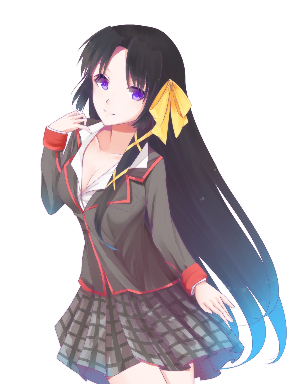 black_hair, breasts, cleavage, cpeilad, highres, iori_(cpeilad), kurugaya_yuiko, little_busters!!, long_hair, purple_eyes, school_uniform, violet_eyes