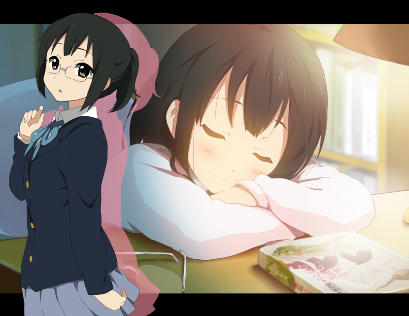alternate_hairstyle, black_eyes, black_hair, book, closed_eyes, extra, glasses, hair_down