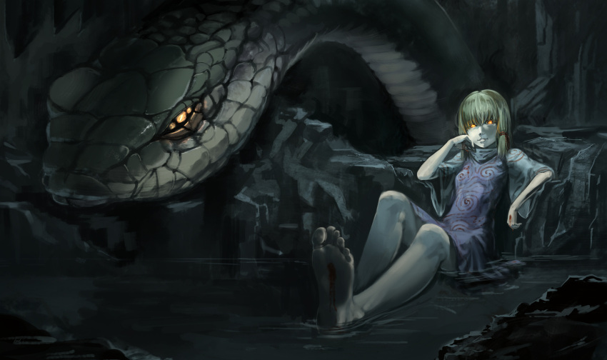 barefoot, blonde_hair, blood, cave, dirty_feet, feet, glowing, glowing_eyes