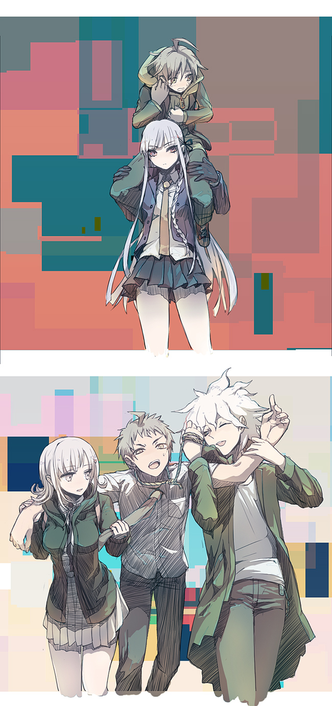 3boys, ahoge, braid, brown_hair, dangan_ronpa, hair_ornament, hairclip, highres