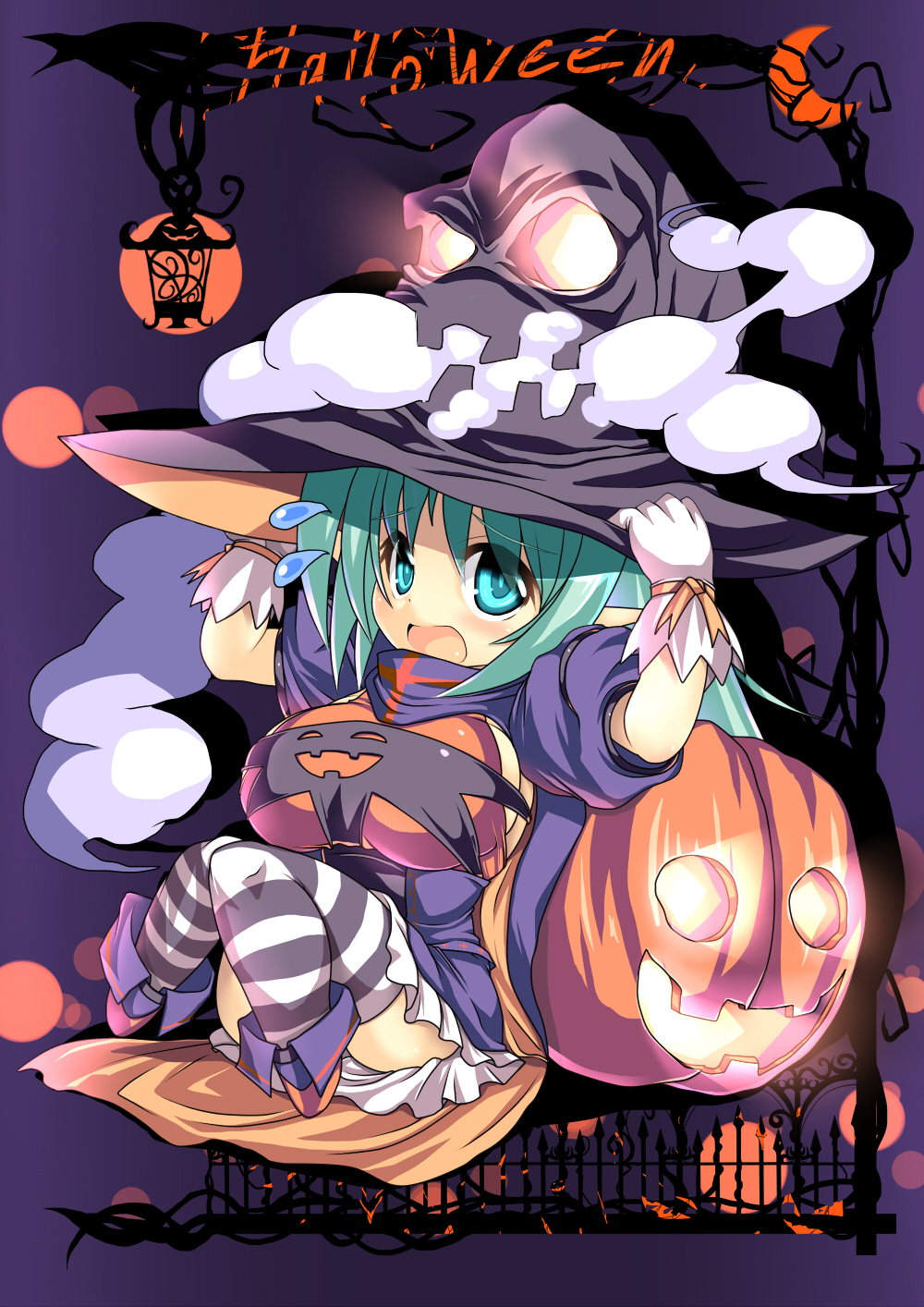 aqua_eyes, aqua_hair, breasts, gloves, halloween, hat, highres, jack-o'-lantern
