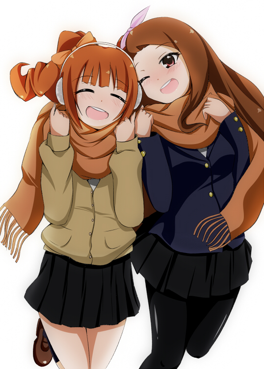 black_legwear, blush, brown_eyes, brown_hair, closed_eyes, eyes_closed, idolmaster, long_hair