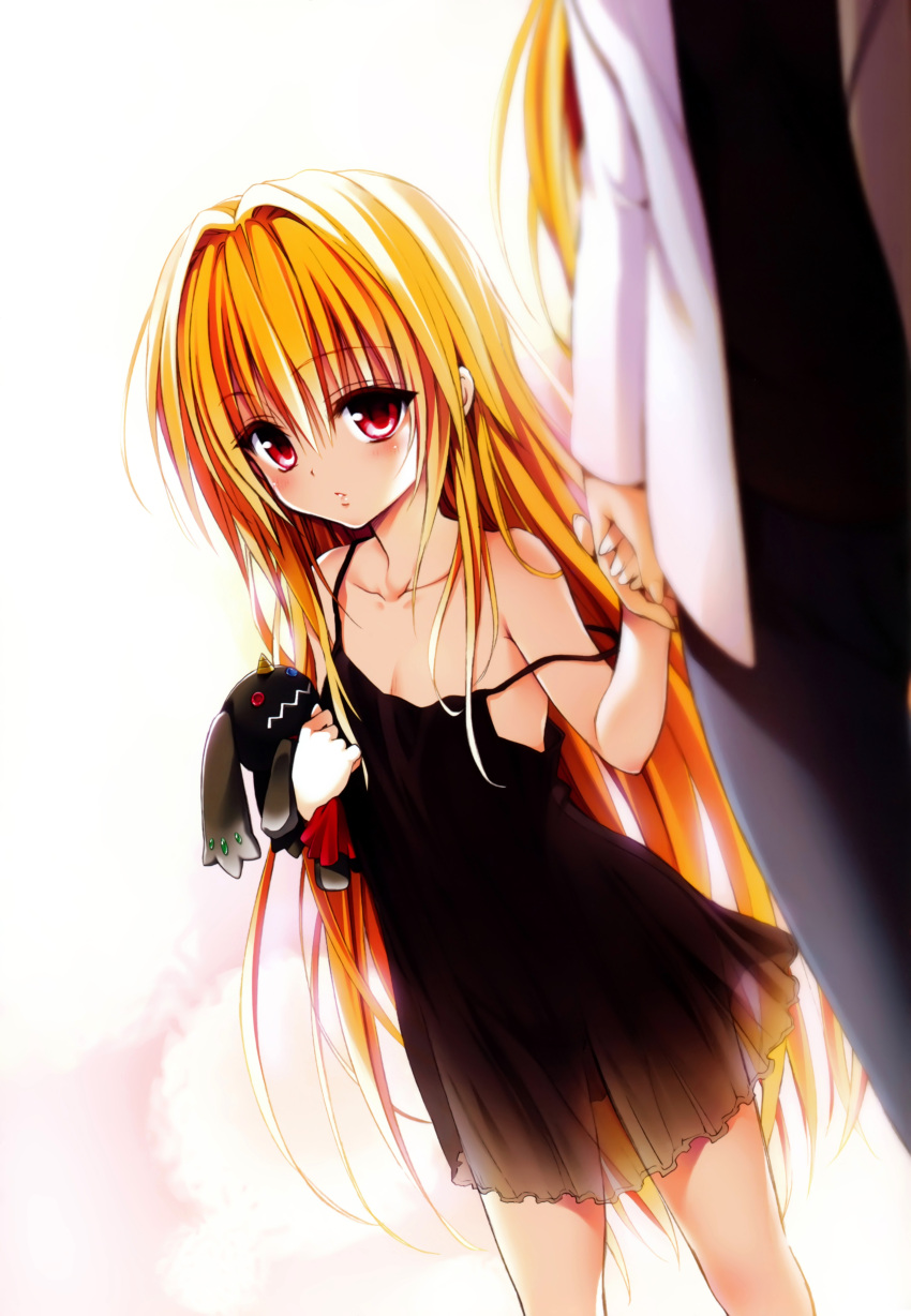 absurdres, bare_shoulders, black_dress, blonde_hair, blurry, child, collarbone, depth_of_field, dress, dutch_angle, flat_chest, hand_holding, highres, holding_hands, konjiki_no_yami, long_hair, mother_and_daughter, multiple_girls, parted_lips, red_eyes, scan, see-through_silhouette, strap_slip, stuffed_animal, stuffed_toy, tearju_lunatique, to_love-ru, to_love-ru_darkness, very_long_hair, yabuki_kentarou, young