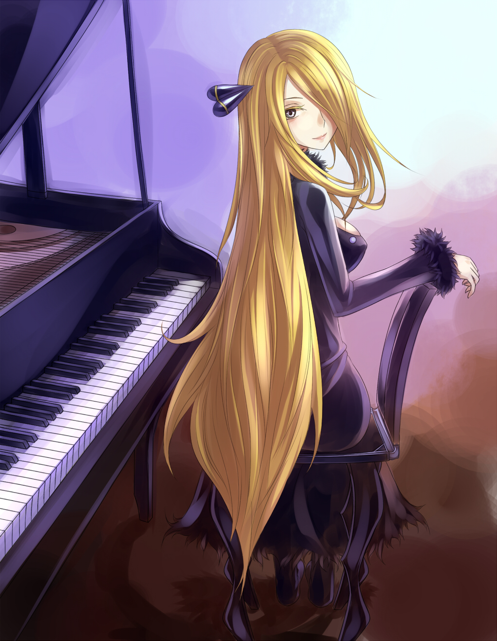 1girl, arm_rest, blonde_hair, chair, erect_nipples, feather_boa, fur_trim, grey_eyes