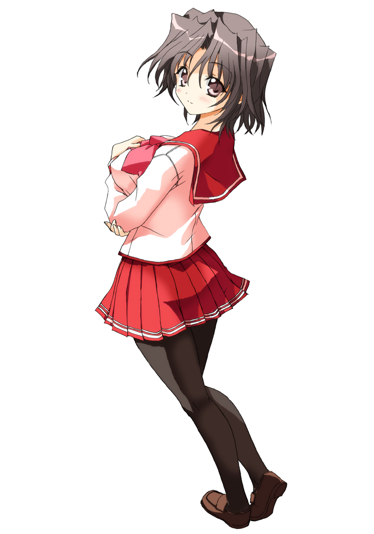 1girl, blush, brown_eyes, brown_hair, legs, looking_back, pantyhose, school_uniform