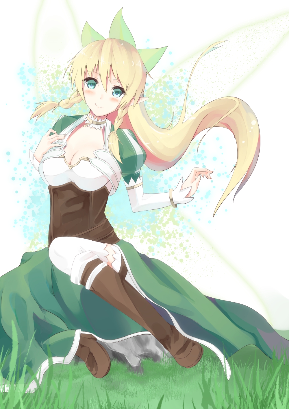 braid, breasts, cleavage, cpeilad, green_eyes, highres, iori_(cpeilad), leafa, long_hair, lyfa, pointy_ears, sword_art_online, twin_braids